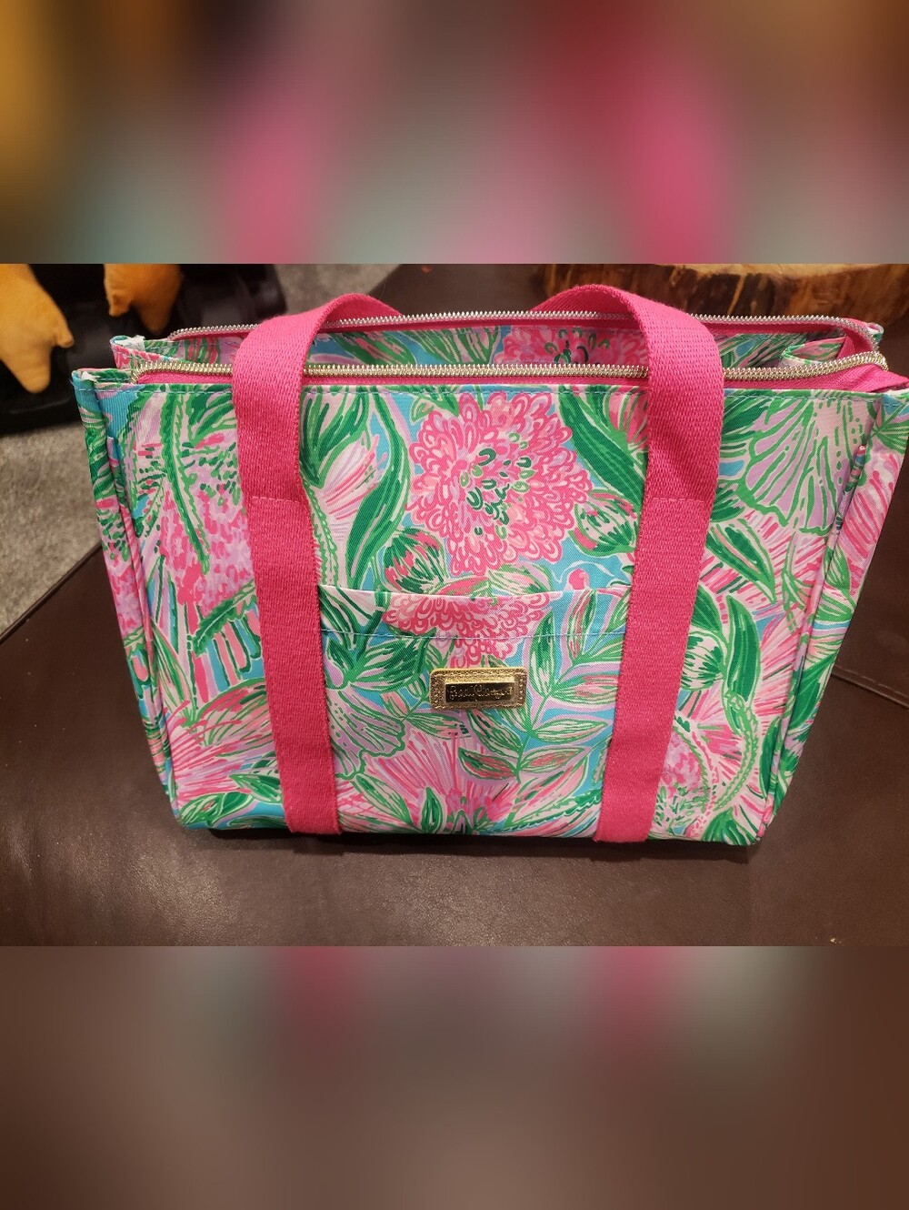 Lilly Pulitzer Bright Pink Floral Insulated Bag with Green Leaf Accents